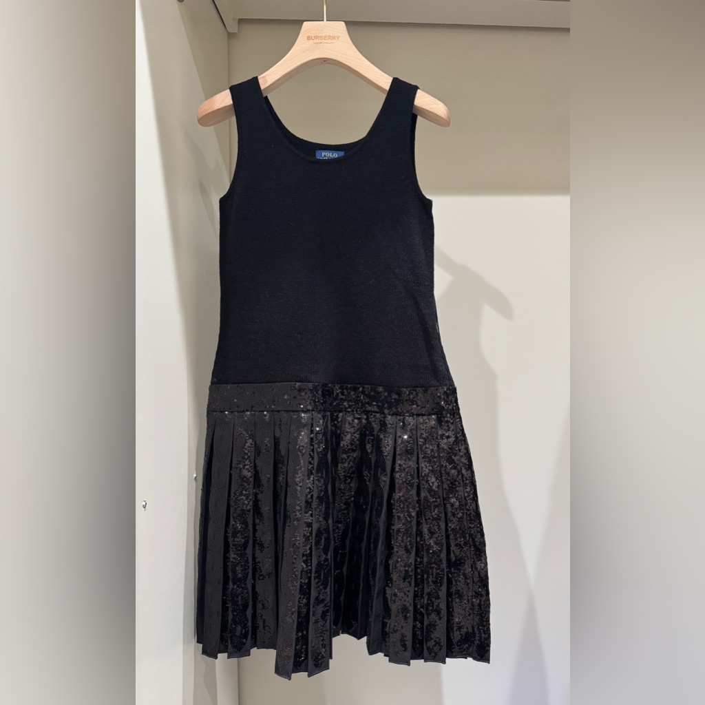 Polo Ralph Lauren Black Sleeveless Knit Sequin Pleat-Skirt Dress. Size L/Xl